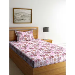 Arrabi White & Pink Floral 130 TC Cotton Single Bedsheet with 1 Pillow Covers-picture-20
