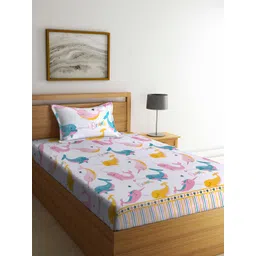 Arrabi White & Yellow Cartoon Characters 130 TC Single Bedsheet with 1 Pillow Covers-picture-55