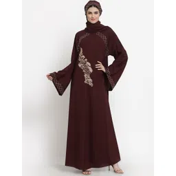 Arrabi Women Violet-Coloured & Beige Embroidered Burqa With Scarf-image-9