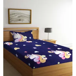arrabi Blue Cartoon Printed 300 TC Cotton Blend Single Bedsheet with 1 Pillow Cover image 1