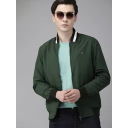 Arrow Men Green Solid Collarless Bomber Jacket-picture-36