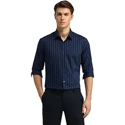 arrow New York Men's White Striped Spread Collar Long Sleeve Formal Cotton Slim Fit Shirt-picture-18