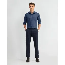 arrow Men's Blue Textured Mid Rise Polyester Button Tapered Fit Flat Front Slant Pocket Trousers image 2