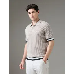 Arrow New York Beige Cotton Regular Fit Striped Polo T-Shirt image 3
