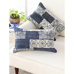 Art Avenue Off White & Blue Ethnic Motifs Cotton Rectangle Cushion Cover-picture-22