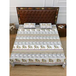 Art Avenue White & Yellow Ethnic Motifs 120 TC Queen Bedsheet with 2 Pillow Covers-image-2