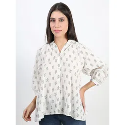 Art Avenue Women Ethnic Print Mandarin Collar Puff Sleeves Cotton Top-image-27