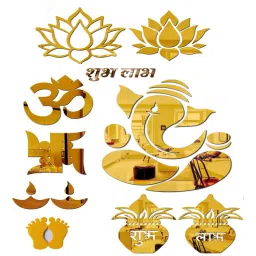 art house 12Pcs Ganesha Om Swastik Acrylic Golden Mirror Look Self Adhesive Stickers-picture-15