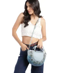 Art N Vintage Azure Aster Blue Leather Floral Medium Handbag-picture-17