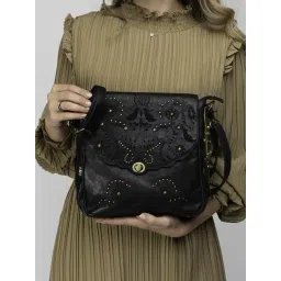 Art N Vintage Carob Black Leather Textured Small Sling Handbag-picture-26