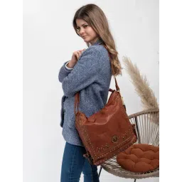 Art N Vintage Savio Cognac Leather Embellished Medium Sling Handbag-picture-28