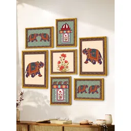 Art Street Black & Red Set of 7 Wooden Elephant with Flower Wall Paintings-picture-33