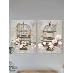 Art Street Brown & Grey Bird Theme With Cage Stretched Canvas Painting - Set of 2-picture-13