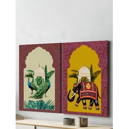 Art Street Green & Brown Canvas Painting Elephant & Peacock Mughal Wall Art-picture-26