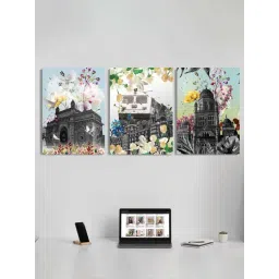 Art Street Grey & Green Engineered Wood Stretched Painting Ancient Building Art - Set of 3-picture-53