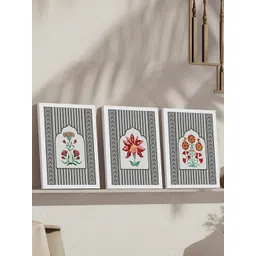 Art Street Grey & White 3 Piece Indian Floral Motif Painting Wall Art-picture-22