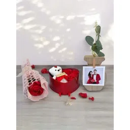 Art Street Heart Shape Box With Red Roses, Teddy & Artificial Plant Vase Gift Set-picture-27