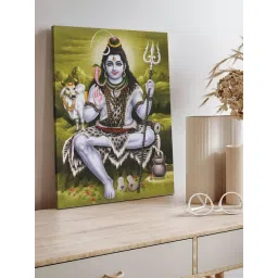 Art Street Light Green Canvas Spiritual Lord Shiv & Nandi Stretched Pooja Room Temple Wall Art-picture-19