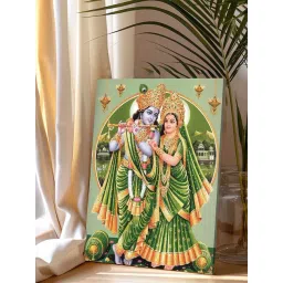 Art Street Light Green Canvas Spiritual Sri Radha Krishna Stretched Pooja Room Temple Wall Art-picture-21