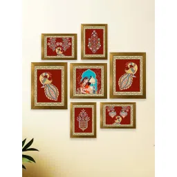 Art Street Maroon Indian Art Print Meera Holding Sitar With Peacock Wall Hanging - Set of 7 image 1