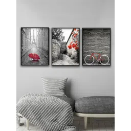 Art Street Monochrome Landscape Printed Black Engineered Wood Wall Art (Set of 3)-picture-26