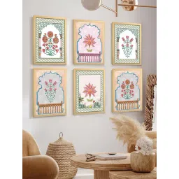 Art Street Multicolor Synthetic Wood Indian Lotus Floral Motif Entice Paintings - Set of 6-picture-46