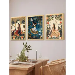 Art Street Multicolor Synthetic Wood Indian Madhubani Peacock Wall Art Print - Set of 3-picture-26