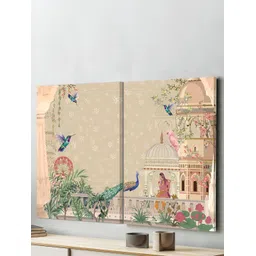 Art Street Off White & Green Canvas Painting Woman & Peacock Mughal Wall Art-picture-41
