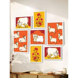 Art Street Orange & White Set of 7 Wooden Cow with Flower Theme Wall Paintings-picture-26