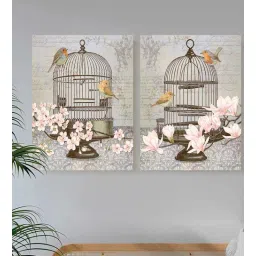 Art Street Set of 2 Floral Stretched Canvas Painting Bird Theme With Cage Print For Home-image-47