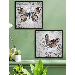 Art Street Set of 2 Grey & Black Butterfly Canvas Painting Wall Art-picture-34