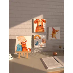 Art Street Set Of 4 Peach-Coloured & White Kids With Cartoon Strech Canvas Wall Arts With 1 Stand-picture-33