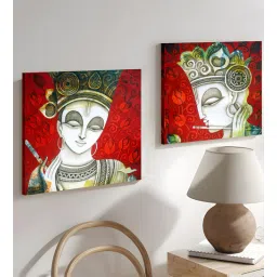 Art Street Sri Krishna Theme in Red Background Stretched Canvas Painting (Set Of 2, 12x12 Inch)-image-46