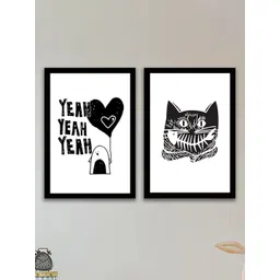 Art Street White and Black Set Of 2 Grinning Cat Printed Framed Wall Art-image-21