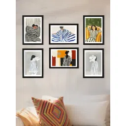 Art Street White Engineered Wood Boho Woman in Striped Dress Illustration Wall Painting - Set of 6 image 4