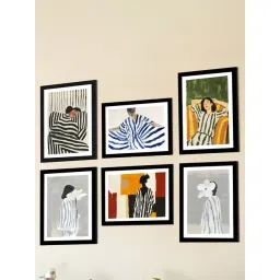 Art Street White Engineered Wood Boho Woman in Striped Dress Illustration Wall Painting - Set of 6 image 2
