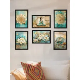 Art Street White Engineered Wood Lotus Flower & Meditating Woman Wall Painting - Set of 6-picture-12