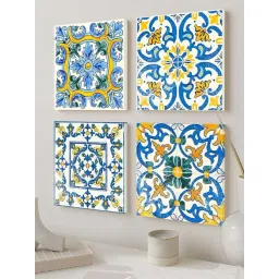 Art Street Yellow & Blue Vintage Floral Moroccan Pattern Stretched Canvas Painting - Set of 4-picture-36