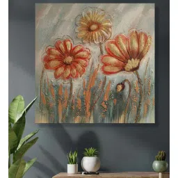 Orange Embossed Floral Wall Painting Wooden Framed original Oil Painting on Canvas by Art Street-picture-12
