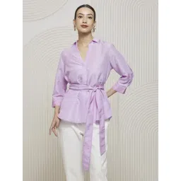 Artagai Lavender Kantha Wrap Shirt with Tie Up and Kantha Detail At Cuff and Belt-picture-38