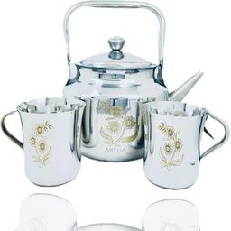 artha S.S Laser Printed Tea Kettle 1 Ltr With 2 Maching Laser Printed Cups 200Ml Each Tea Urn-picture-11