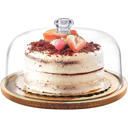 arthasya Round Wooden Cake Stand with Acrylic Dome Ceramic Cake Server-picture-12