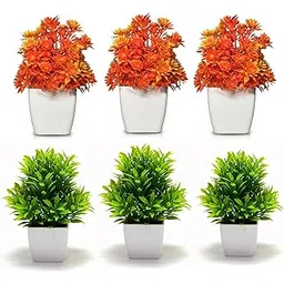 Artificial Plants with Pot for Home Decor - Set of 6 Small Indoor Potted Plants (3 Purple & 3 Yellow)| Flowers & Greenery for Living Room, Table Decoration Piece, Centre Table Decor (Orange &Green)-image-48