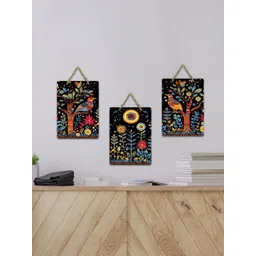 ArtVibes 3-Pcs Black & Green Folk Birds & Bloom Trio Printed Wooden Wall Hanging Decor-picture-25