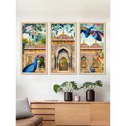 ArtVibes 3 Pcs Blue & Yellow Printed Rectangle Wall Art-picture-10