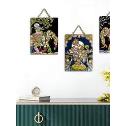 ArtVibes 3-Pcs Green & Yellow Madhubani Printed Wooden Wall Hanging Decor-picture-18