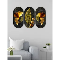 ArtVibes Black & Yellow 3 Pieces Leaf Wooden Wall Hangings-picture-15