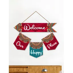 ArtVibes Green & Red Welcome Quote Printed Wooden Wall Hanging-picture-18
