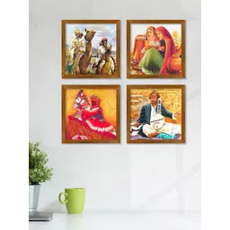 ArtVibes Red & Yellow 4 Pieces Printed Wooden Traditional Rajasthani Paintings Wall Art-picture-17