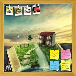 ArtzFolio Magic Book with Family Home, Covered with Grass | Bulletin Board Notice Pin Board | Vision Soft Board Combo with Thumb Push Pins & Sticky Notes | Golden Frame | 12 x 12 inch (30 x 30 cms)-picture-32